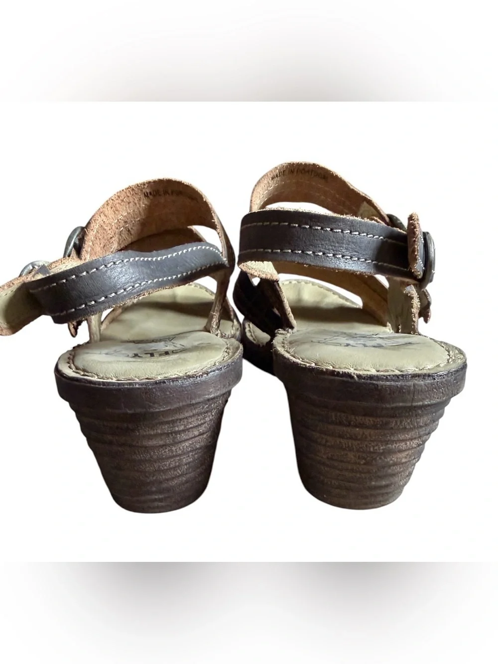 FLY London Women’s Leather Wedge Sandals Brown Multi Strap Slingback Comfort 9